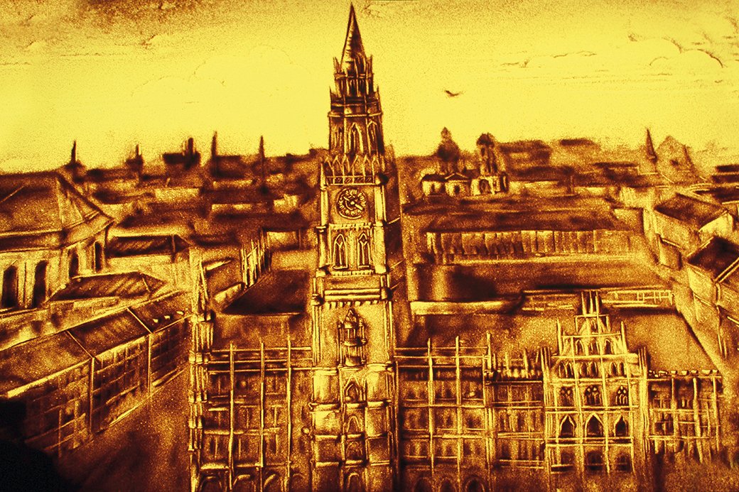 Weltstadt mit Herz in Sand gemalt