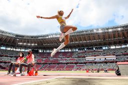 TOKYO, JAPAN - AUGUST 03: Malaika Mihambo of Team Germany competes in the Women's Long Jump Final on day eleven of the Tokyo 2020 Olympic Games at Olympic Stadium on August 03, 2021 in Tokyo, Japan. (Photo by Matthias Hangst/Getty Images)