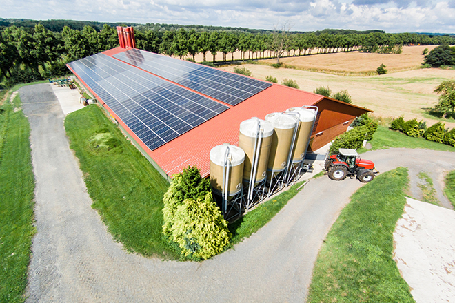 Schweinemaststall mit großflächiger PV-Anlage, Luftbild