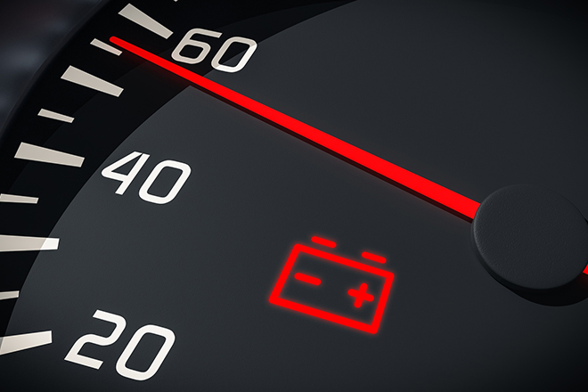 Discharged battery warning light in car dashboard. 3D rendered i, Discharged battery warning light in car dashboard. 3D rendered illustration. Close up view.